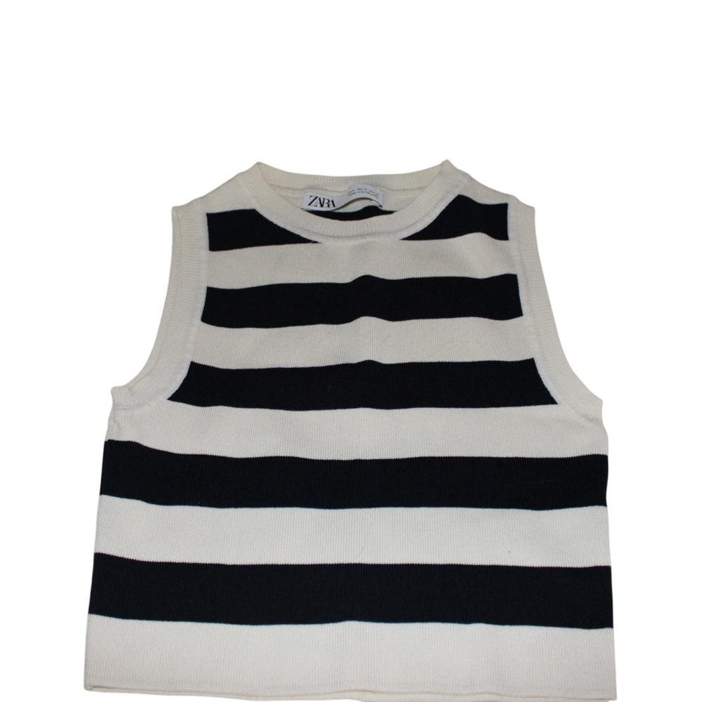 Zara Black and Cream Striped Sleeveless Knit Top Size Medium